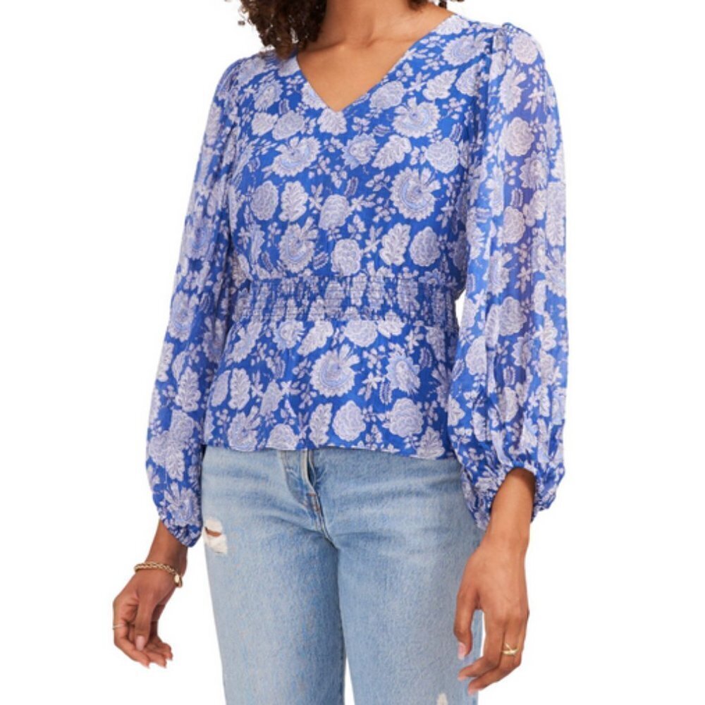 Vince Camuto Blue Gray Floral Print Smocked Waist Balloon Sleeve Peplum Small